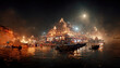 AI generated image of Varanasi town at night, viewed from the banks of the river Ganga