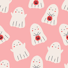 Cute Ghost Seamless Pattern, Cartoon Flat Vector Illustration On Pink Background. Funny Ghost Flying With Basket In Shape Of Pumpkin, Trick Or Treat Concept. Adorable Kids Design.