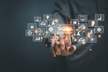 Businessman touching virtual screen for digitalization of business processes and data, optimize and automate operations, customer service management, internet and cloud computing