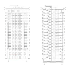 Multistory building section, detailed architectural technical drawing, vector blueprint