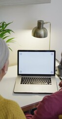 Wall Mural - vertical video of diverse senior couple making video call on laptop with copy space on screen