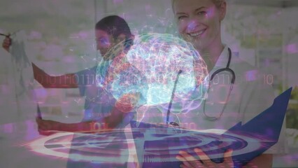 Poster - Animation of binary codes and brain with circles over portrait of happy female caucasian doctor