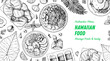 Hawaiian food top view vector illustration. Food menu design template. Hand drawn sketch. Hawaiian food menu. Vintage style. Huli Chicken, Poke Bowl, Loco Moco, Spam Musubi, Lau Lau