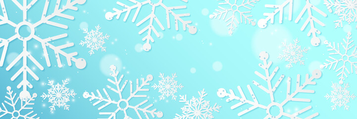 Christmas blue background with snow and snowflake. Christmas card with snowflake border vector illustration