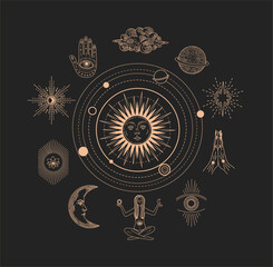 set of linear vector illustrations. hand drawn celestial illustrations depicting the sun, moon, plan