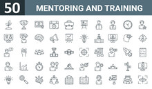 Set Of 50 Outline Web Mentoring And Training Icons Such As Plant, Award, Certificate, Schedule, Job, Presentation, Learning Vector Thin Icons For Report, Presentation, Diagram, Web Design, Mobile