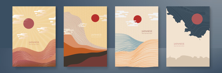Japanese background with line wave pattern vector. Abstract template with geometric pattern. Mountain layout design in oriental style. Vector graphic design banner pattern background web template.