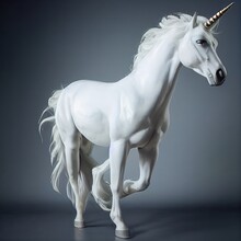 A Digital Render Of A White Unicorn In Motion. Dark Background