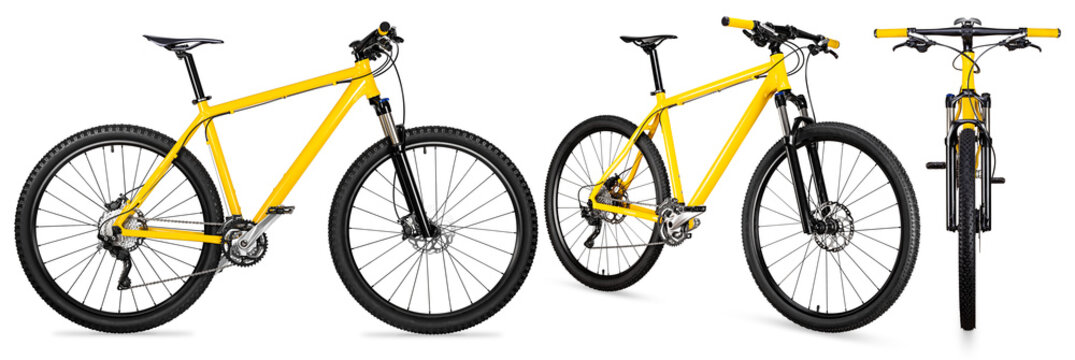 set collection of yellow black 29er mountainbike with thick offroad tyres. bicycle mtb cross country aluminum, cycling sport transport concept isolated white background