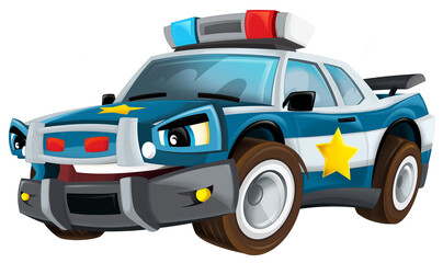 Wall Mural - Cartoon smiling police on white background car isolated illustration