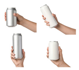 Wall Mural - Collage with photos of women holding different cans with beverages on white background, closeup