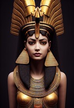 A Fictional Person, Not Based On A Real Person. A Beautiful Young Egyptian Pharaoh With Beautiful Hair, A Golden Crown, Wearing Elegant Clothes And Jewelry. 3D Render.
