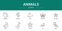 Set Of 10 Outline Web Animals Icons Such As Pawprint, Jellyfish, Dog, Butterfly, Sea Star, Duck, Dog Vector Icons For Report, Presentation, Diagram, Web Design, Mobile App