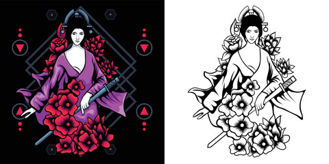 Wall Mural - geisha illustration with sacred geometry background