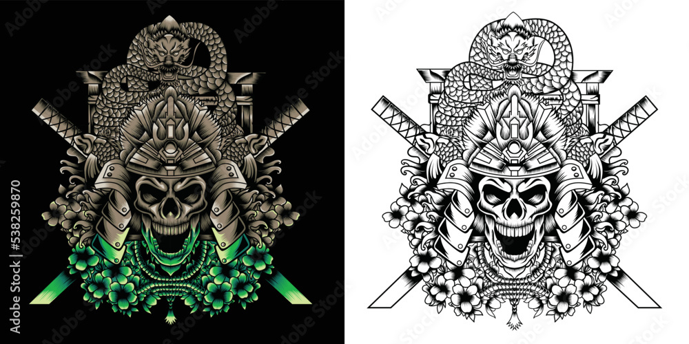 samurai skull with japanese dragon and katana illustration Stock Vector ...