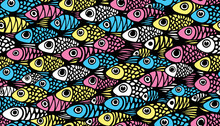 Seamless Vector Pattern With Colorful Fish In Printed Colors. A Large School Of Fish With Eyes And Scales Swim In The Same Direction In CMYK Colors. Dense Repeating Background With Marine Product
