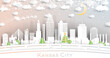 Kansas City Missouri Skyline in Paper Cut Style with Snowflakes, Moon and Neon Garland.