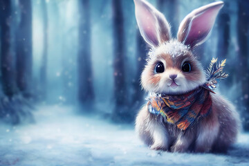 rabbit in the winter forest christmas background