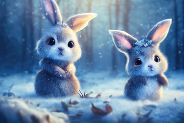 rabbit in the winter forest christmas background