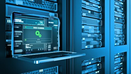 Virus Scanning Threat Detected Warning Error Alert Text on Computer Screen Login Password server data center Internet. Antivirus Scanning, Malware Fixing, Virus Attack, Trojan Search, Bugs Detection.