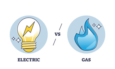 Gas vs electric utilities resources consumption comparison outline diagram. Labeled compared electricity and natural burning usage for household appliances vector illustration. Benefits and advantages