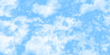 Blue Sky With Clouds. Light Sky Blue Shades Watercolor Background. Sky Nature Landscape Background. Sky Background With White Fluffy Clouds.><