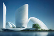 © ARThitecture - Beautiful minimalistic organic architecture concept design, futuristic white tower, white skyscraper, clean blue sky, healthy green environment