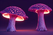 Magic Mushrooms With Neon Lights , Purple Colorful Trippy Concept, Background