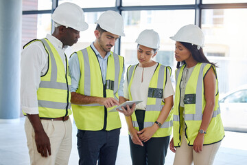 Poster - Collaboration, construction and architecture team with tablet working, planning or check digital blueprint of building. Meeting, communication discussion and diversity team work on design together