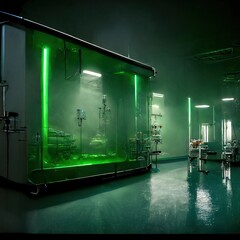 Wall Mural - Abstract scientific medical interior blurred background. Green light. Medical research concept. Ai render.