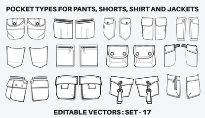 Patch pocket flat sketch vector illustration set, different types of Clothing Pockets for jeans pocket, denim, sleeve arm, cargo pants, dresses, bag, garments, Clothing and Accessories