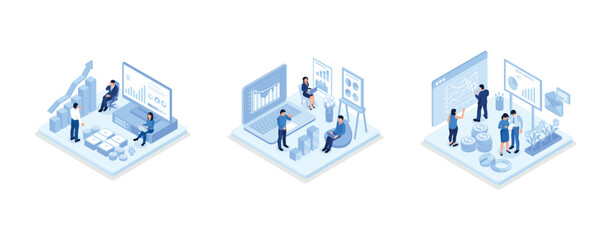 Wall Mural - characters analyzing financial data and planning investment strategy, people examining financial gra