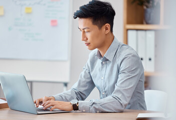 Sticker - Programmer, laptop and software engineer working, coding and typing up cyber security data on the internet. Digital, web design and young Asian businessman busy with an email message in an office