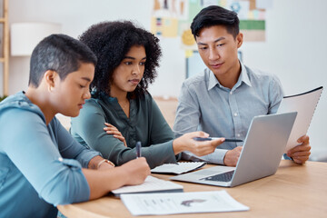 Tech data, teamwork and computer information check of an office team working together. Technology collaboration and online business strategy of web marketing workers with company documents planning