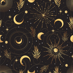 Wall Mural - Gold seamless pattern and boho astrology. Mystical and bohemian symbols of the crescent and stars.