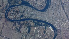 Aerial High Altitude Airplane View Of Downtown Baghdad Also Showing The Tigris River It Is The Capital Of Iraq And The Second Largest City In The Arab World After Cairo 4k Resolution Animation