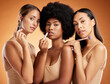 © Kay Abrahams/peopleimages.com - Beauty, diversity and makeup with model woman friends in studio on a brown background to promote a product. Cosmetics, skincare and portrait of a female group posing for marketing or advertising