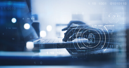 Cyber security network, Data protection privacy concept. Business man protecting personal data, information on laptop computer. Padlock icon and internet technology networking, computer crime