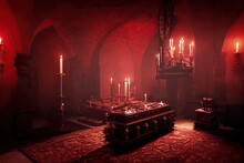 Interior Of Dracula Castle, Victorian Furnitures And Coffin Illuminated By Candlesticks In Horror Halloween Theme. Gothic Atmosphere Inside Of Ancient Vampire Castle For Games Background. 3d Rendering