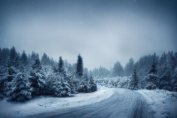 A lone foggy road covered in snow during winter, with a forest of pine trees