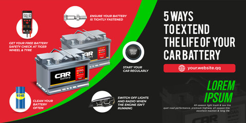 5 Ways To Extend The Life Of Your Car Battery. WD-40. Digital Multimeter. Headlamp. Bolt With Thread And Nut. Engine Start Stop. Advertising Poster. Web Design. Safe Energy. Flyer. Brochure. Design.