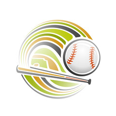 Wall Mural - Vector logo for Baseball Sport, isolated modern emblem with illustration of flying baseball ball over playground, decorative line art sports badge for varsity baseball club on white background