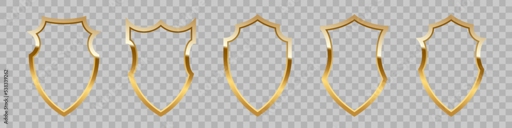 Gold shield frames set vector illustration. Realistic isolated golden ...