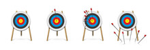 3d Archery Target Set, Front View, Isolated Dartboard Collection With Arrows Hit Or Miss