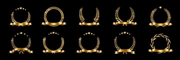 Wall Mural - golden laurel wreath with ribbon set vector illustration. winner award with leaves and stars, trophy