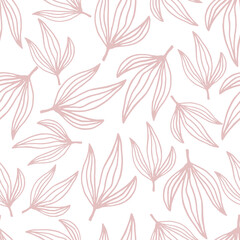 Abstract nature background. Botanical flowers seamless pattern. Hand drawn foliage in line flat style. Leafage silhouettes. Outline contour drawing. Good for fashion, textile, fabric.