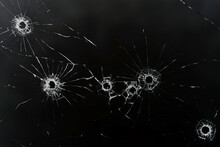 Bullet Hole On Glass Black Background For Overlay, Transparent Window