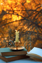 Poster - Autumn composition with candle and old books on wooden table in garden, abstract natural dark background. harmony hygge mood, cosy scenery. Reading leisure