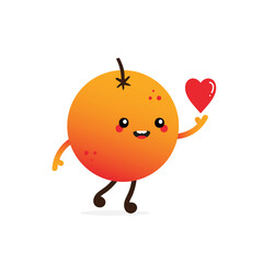 Wall Mural - Cute cartoon style orange fruit character holding red heart in hand. 
