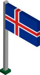 Sticker - Iceland Flag on Flagpole in Isometric dimension.